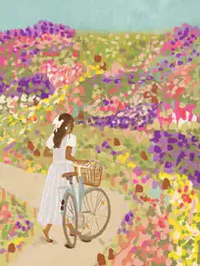 Illustration of a woman cycling through blooming meadows, pastel colors, vibrant atmosphere.