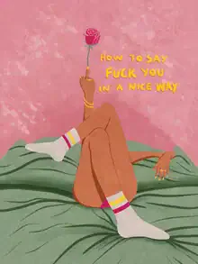 Colorful illustration by Raissa Oltmanns featuring a humorous middle finger gesture.