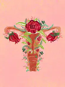 Illustration by Raissa Oltmanns: blooming uterus surrounded by roses and feminine charm
