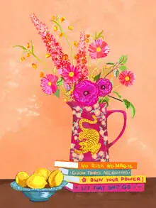 Illustration by Raissa Oltmanns: still life with vase, lemon, and flowers