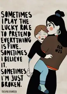 Illustration von Kiki Van Den Molen: fröhliche Mutter mit Kind in einem harmonischen Moment