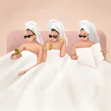 Verspielt illustrierte Szene mit einer Frau, die einen Kaffee genießt, umgeben von Freundschaft.