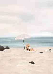 Illustration einer friedlichen Strandlandschaft mit sanften Wellen und einem klaren Himmel.