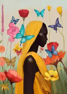 Wandbild von Branka Kodžoman: eine verträumte Frau umgeben von Blumen und Schmetterlingen.