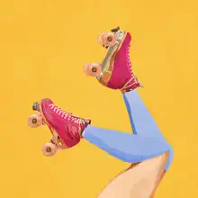 Illustrierte Rollschuhe auf gelbem Hintergrund in lebhaftem Retro-Stil.