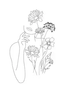 Illustration einer Frau mit Blumen: sanfte Linien und zarte Details