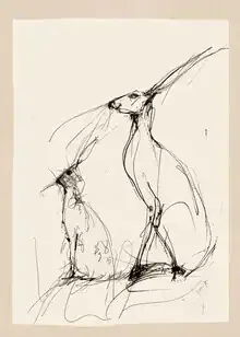 Illustration eines Hasenpaars in sanften Linien, vermittelt Ruhe und Anmut.