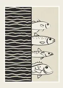 Abstrakte Illustration von Fischen auf Wellen in sanften Farben