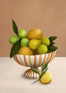 Illustration von Branka Kodžoman mit leuchtenden Zitrusfrüchten auf einem Tisch