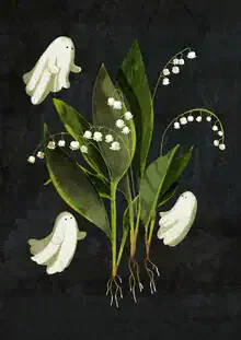 Wall art by Katherine Blower: cute ghosts among lily of the valley in soft colors.