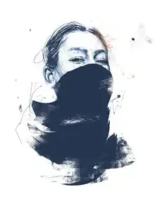 Illustration by Balazs Solti: mysterious portrait with blue splashes