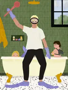 Illustration by Javiera Hernandez: humorous depiction of parents bathing children.