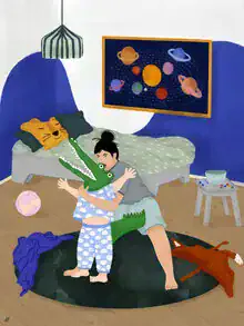 Illustration by Javiera Hernandez: humorous scene of bedtime wrestling with children