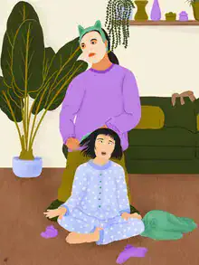 Illustration by Javiera Hernandez: colorful depiction of motherhood and nature