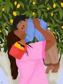 Wall art by Javiera Hernandez: joyful mother with her son holding a basket of lemons.