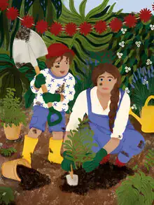 Illustration by Javiera Hernandez: colorful depiction of motherhood and plants