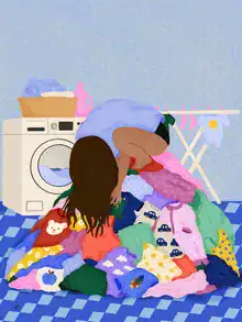 Illustration by Javiera Hernandez: mother sitting on laundry pile with vibrant colors and humorous vibe