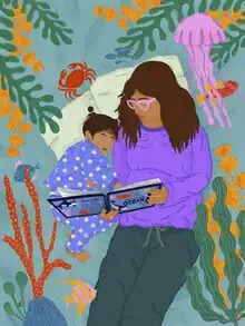 Illustration by Javiera Hernandez: a gentle mother-child scene by the sea
