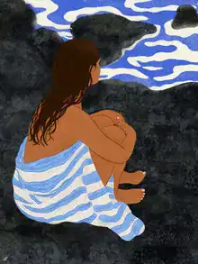 Illustration by Javiera Hernandez: Woman at the beach in a towel, relaxed and peaceful.