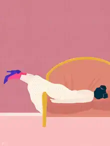 Colorful illustration by Javiera Hernandez: relaxed mother on a couch