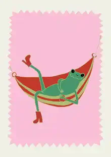 Funny illustration of a frog in a hammock, creating a relaxed atmosphere.