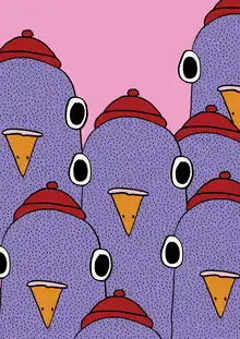 Wall art by Xenia Strohmeyer: colorful, funny pigeons in a naive style