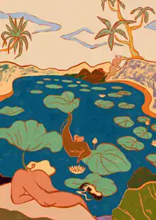 Wall art by Arty Guava: dreamy scene of a lily pond in warm colors