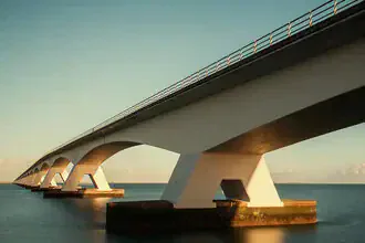 Photo art by Oliver Buchmann: elegant Zeeland bridge over water during golden hour