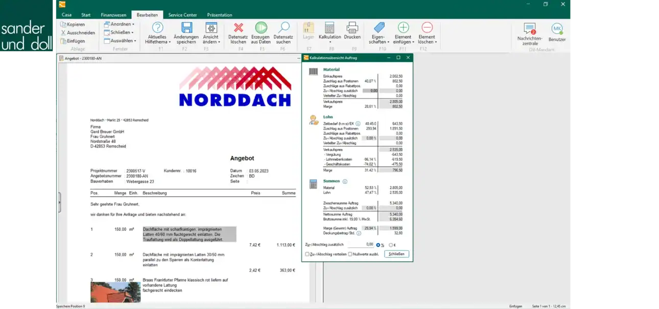 Professionelles Angebotsdokument mit detaillierter Kalkulation – zeigt die digitale Angebotserstellung und Kostenübersicht in Sander & Doll. Angebotsdokument mit Kalkulation