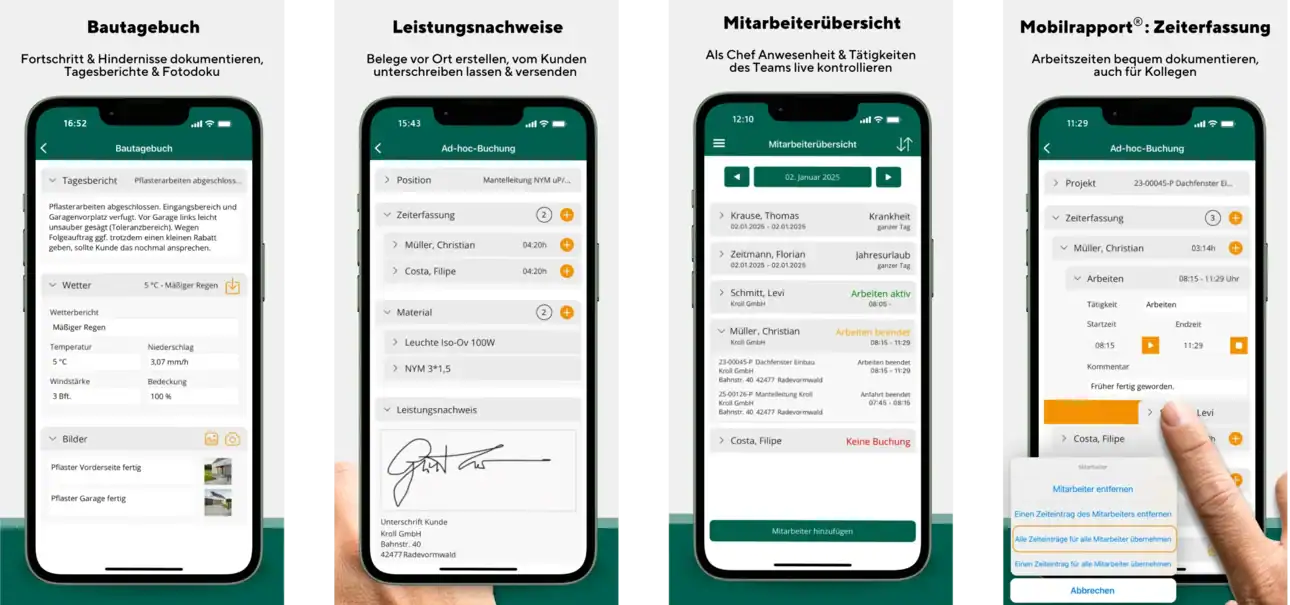 Mobile Handwerker‑App mit Bautagebuch, Zeiterfassung, Leistungsnachweisen und Mitarbeiterübersicht – zeigt die digitale Dokumentation direkt auf der Baustelle. Mobile Handwerker‑App mit Bautagebuch von Sander & Doll