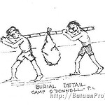 Two POWs carry the body of a dead man to the Camp O'Donnell cemetery for burial. This was the worse detail to work on. Burial Detail