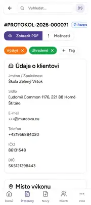 Deratix Generování PDF protokolu — mobile app view with touch-optimized interface