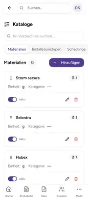 Deratix Benutzerdefinierte Kataloge — mobile app view with touch-optimized interface