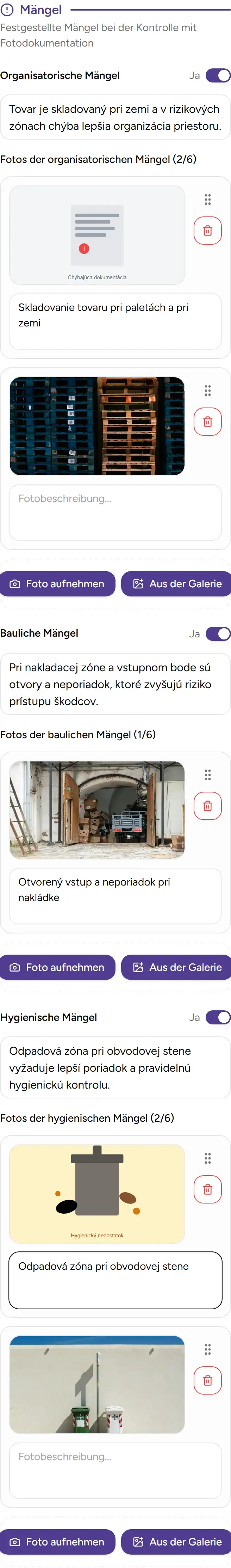 Deratix Mängelverfolgung — mobile app view with touch-optimized interface