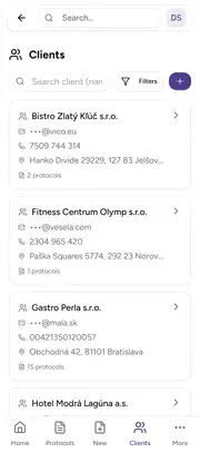 Deratix Client management — mobile app view with touch-optimized interface