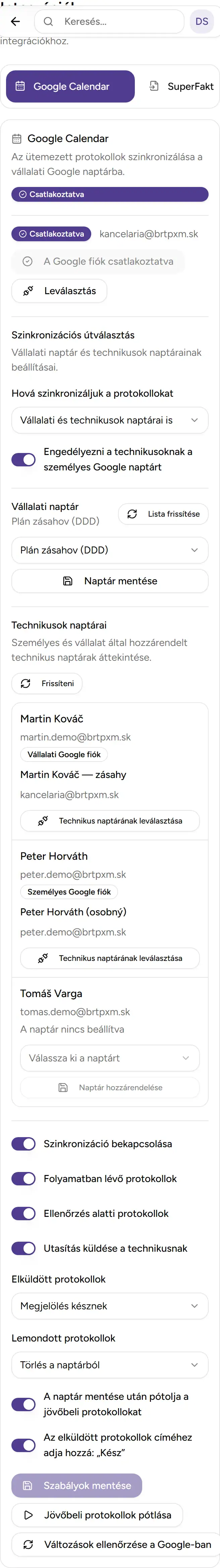 Deratix Google Naptár szinkronizálás — mobile app view with touch-optimized interface