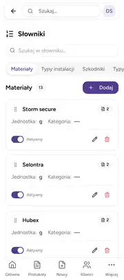 Deratix Własne katalogi — mobile app view with touch-optimized interface