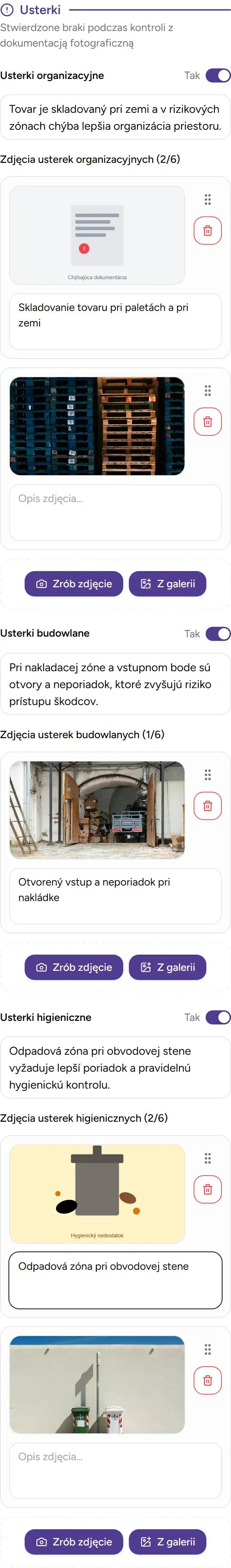 Deratix Śledzenie braków — mobile app view with touch-optimized interface