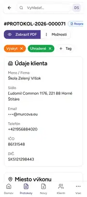 Deratix Generovanie PDF protokolu — mobile app view with touch-optimized interface