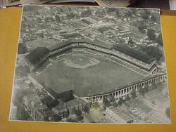 Griffith Stadium was built in 1911 on the site of what had once been a Civil War hospital for injured Freedmen and later National Park, home of the Senators from 1892-1899. The concrete bleachers and scoreboard in left field were added later.