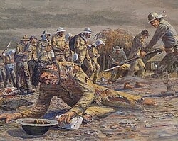 A guard moves in to kill a POW who has fallen during the march. March 17