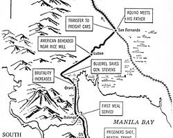 This map shows the route of the march out of Bataan. The March