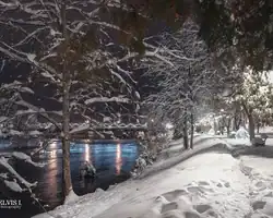 Snježna scena uz rijeku Krušnicu s osvjetljenjem i zimskim pejzažem. Zima na obali rijeke Krušnice s snježnim drvećem i osvjetljenjem u noći.