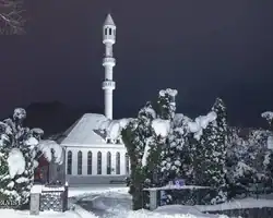 Zimski pejzaž ispred džamije sa snježnim drvećem i noćnim nebom u pozadini. Snježna scena ispred džamije u zimskom okruženju na noćnoj pozadini.