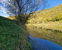 Krušnica rijeka u jesenjoj prirodi s odrazom u vodi.
