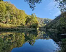 Krušnica rijeka okružena jesenjim šumama i plavom vodom.