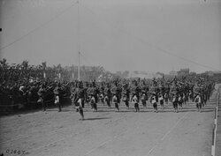 Massed Pipes and Drums playing at the Highland Games, Tincques 6 July 1918. Pipe Major Sgt Newlands front row left.