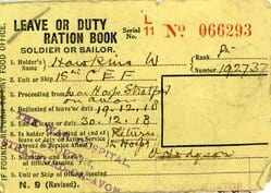 Front of Duty or Leave Ration Book with sample ration stamps for period 19-30 Dec 1918 issued to 192737 Pte William Hawkins.