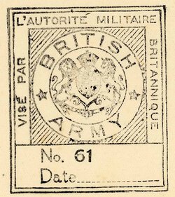 British Occupation Force issued stamp pass allowing
German citizens to cross outpost lines.