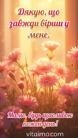 Листівка з побажанням: мамо, будь щасливою кожен день. Листівка для мами з польовими квітами на заході сонця та словами подяки.